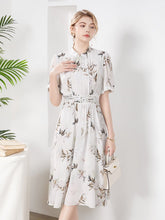 Womens Silk Midi Dress Belted Waist Bamboo Leaf Printed Silk Dresses